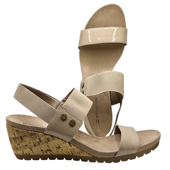 NWOT! NATURALIZER Sandals - Cork Wedge - Faux Taupe Patent & Elastic Straps - Picture 1 of 11